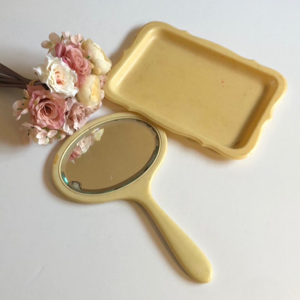 Vanity Set Vintage Plastic Hand Mirror and Vanity Tray Celluloid Vintage Set